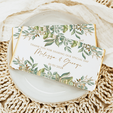 Eucalyptus border wedding chocolate bar with white leaf design and thank-you message