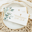 Custom baptism chocolate bar wrapper with eucalyptus leaves, gold crosses, and thank-you text