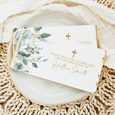 Custom baptism chocolate bar wrapper with eucalyptus leaves, gold crosses, and thank-you text