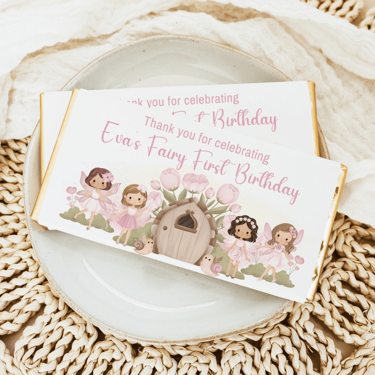Fairy custom chocolate bars: “Thank you for celebrating” 1st birthday print
