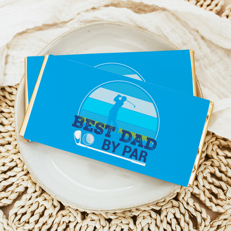 Blue chocolate bar wrapper: 'Best Dad By Par' golfer graphic