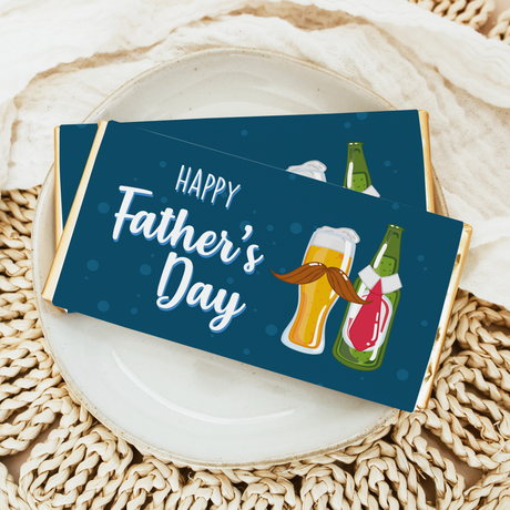 Father's Day chocolate bar with blue wrapper, 'Happy Father's Day' and beer bottles