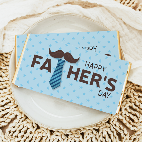Chocolate bar wrapper: blue tie and moustache with “Happy Father’s Day” text