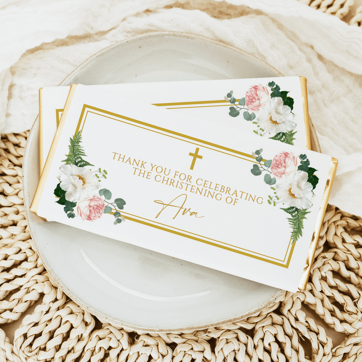Christening chocolate bar with floral wreath, gold border, “Thank you” text