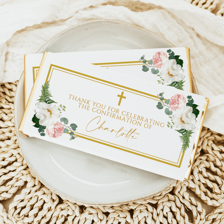 Floral gold-bordered confirmation chocolate bar wrappers with thank-you text and flowers