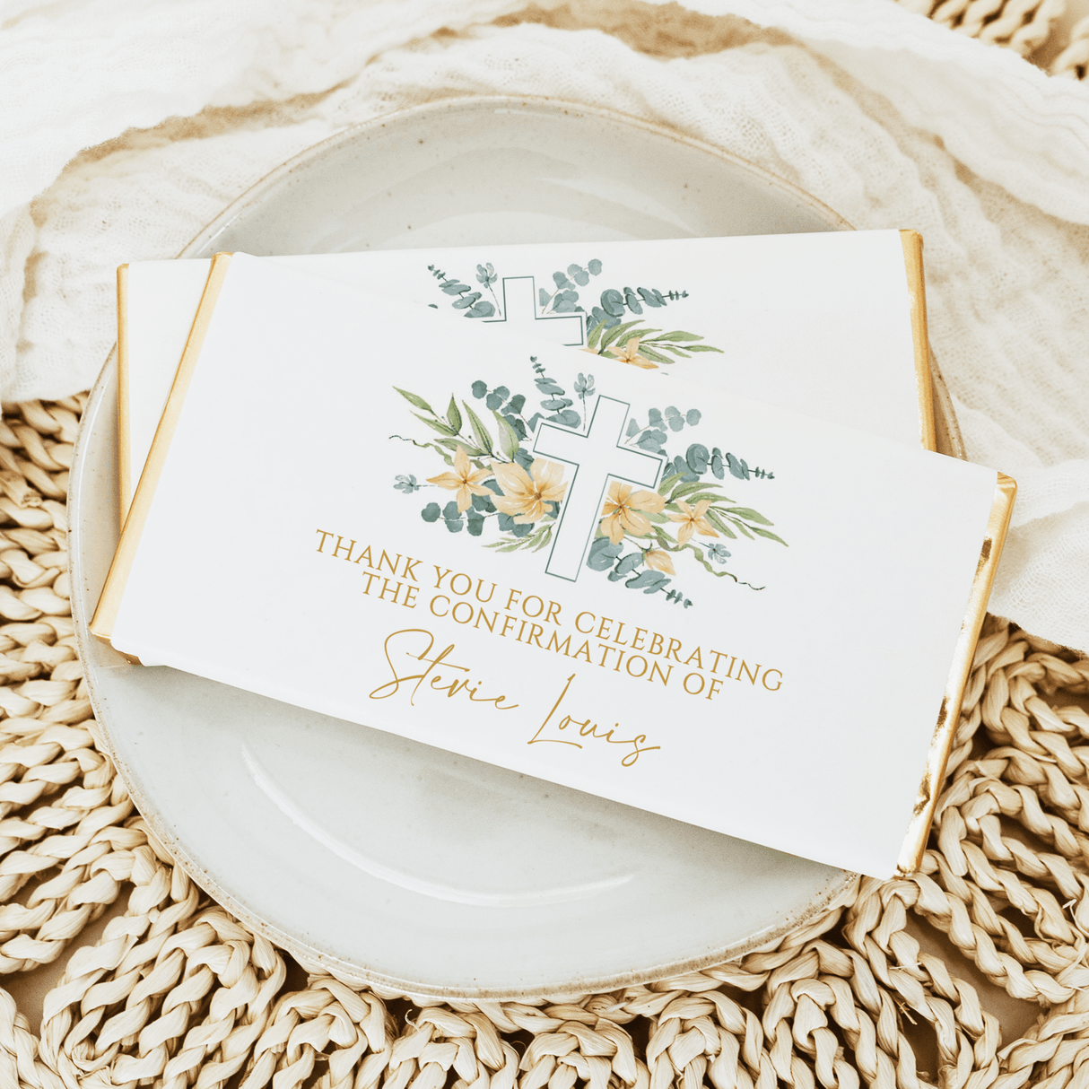 Confirmation chocolate bar wrapper with floral greenery cross and thank-you text