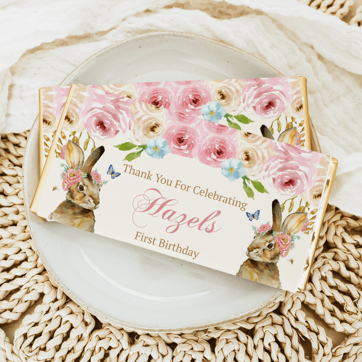 Floral bunnies custom first birthday chocolate bar wrapper with roses and Thank You text