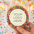 Personalised giant freckles candy in clear bag with multicolor sprinkles and logo label