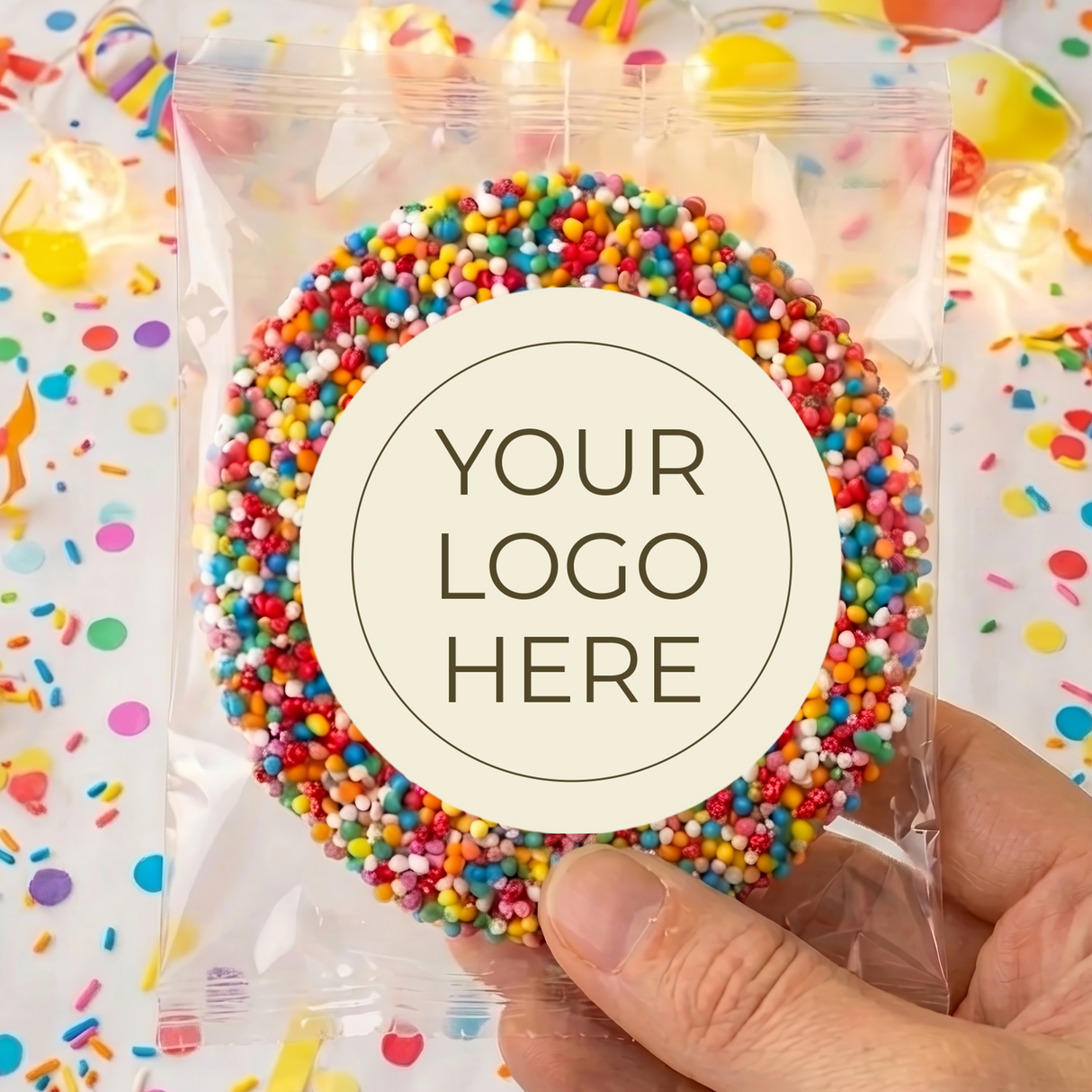 Personalised giant freckles candy in clear bag with multicolor sprinkles and logo label