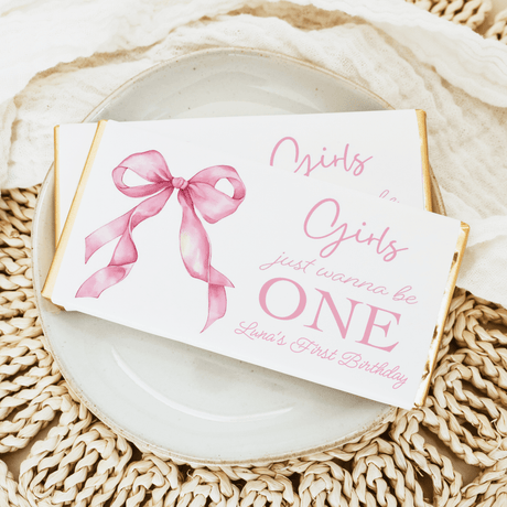 Pink bow and 'Girls Just Wanna Be ONE' first birthday chocolate bar wrapper