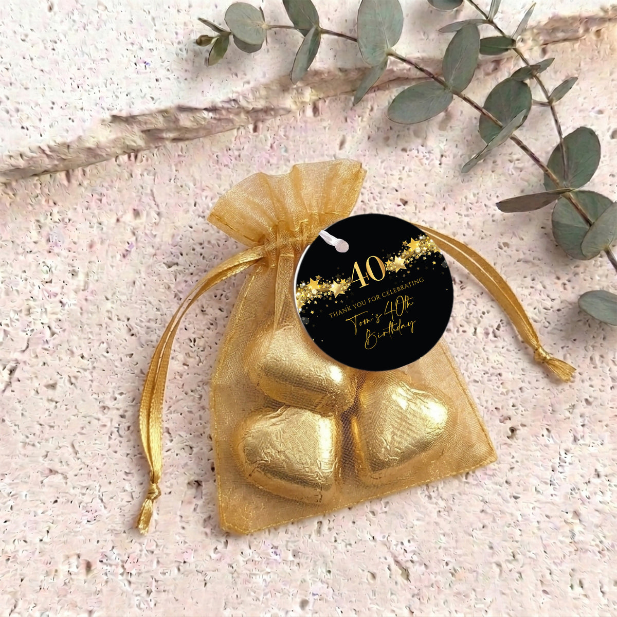 40Th Birthday Black Gold Stars Personalised Organza Bags with Chocolate Hearts