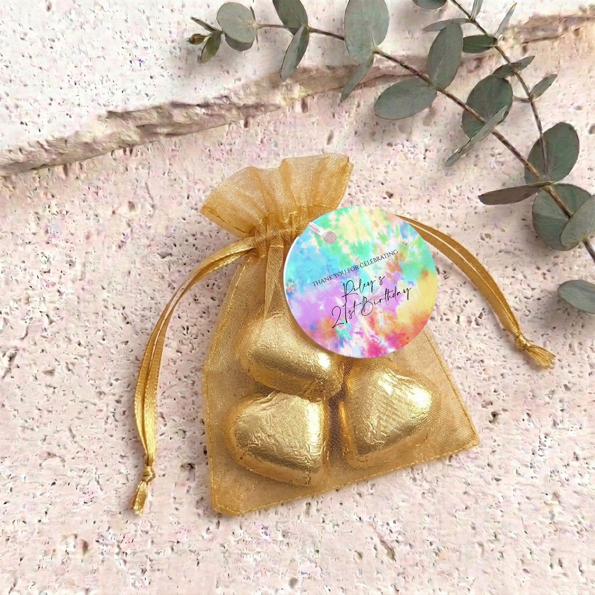 Adult Tie Dye Birthday Personalised Organza Bags with Chocolate Hearts