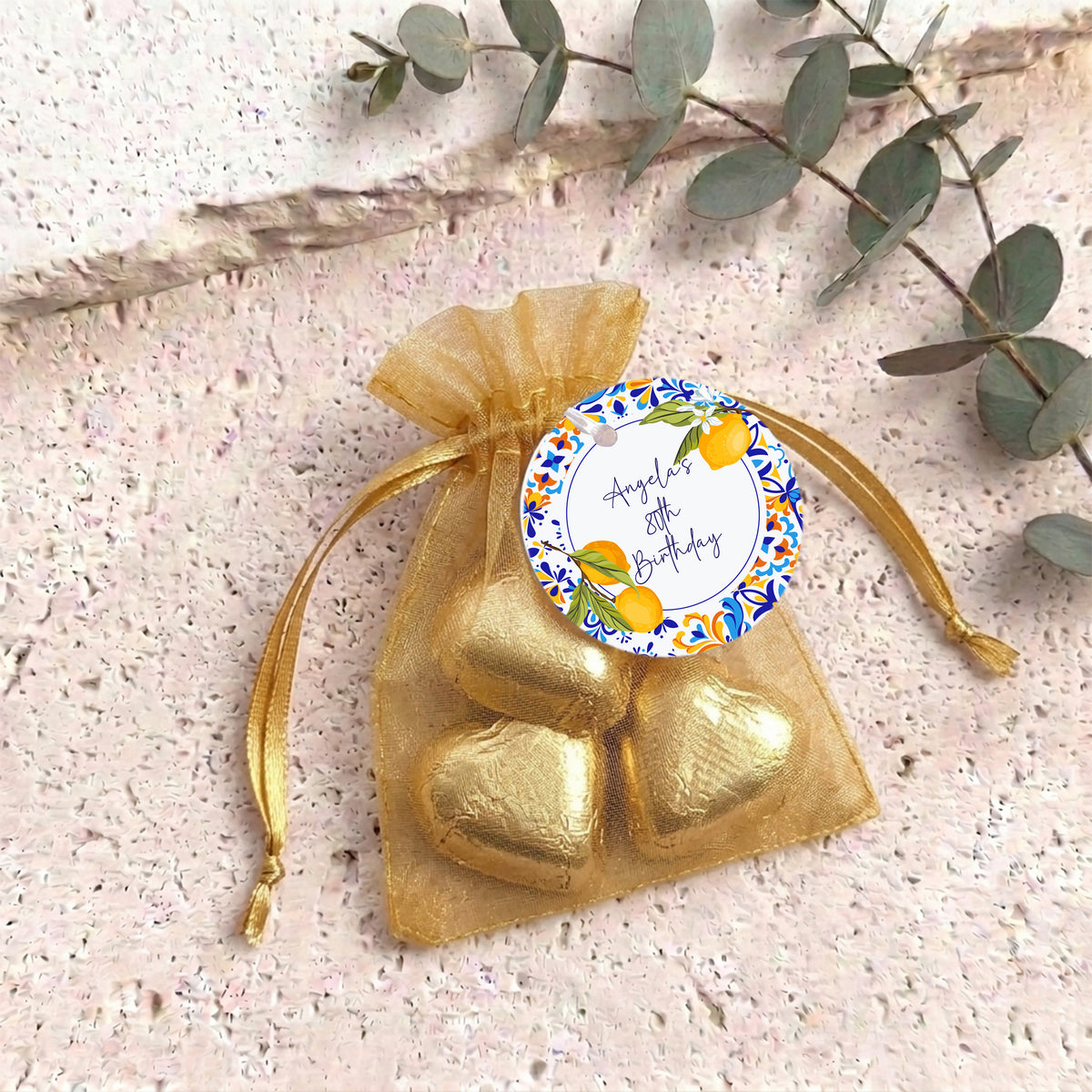 Amalfi Lemons 80th Birthday Personalised Organza Bags with Chocolate Hearts