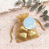 Blue Bumble Bee First Birthday Personalised Organza Bags with Chocolate Hearts