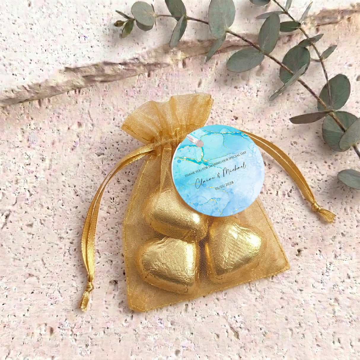 Blue Gold Marble Wedding Personalised Organza Bags with Chocolate Hearts