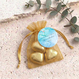 Blue Gold Marble Wedding Personalised Organza Bags with Chocolate Hearts