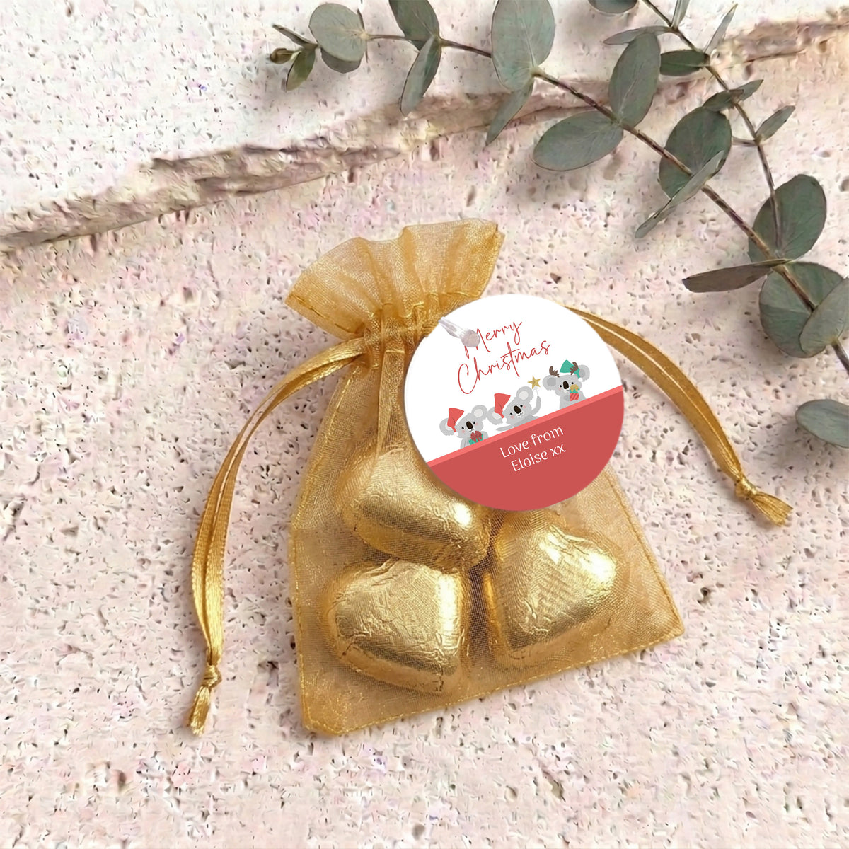 Christmas Koalas Personalised Organza Bags with Chocolate Hearts