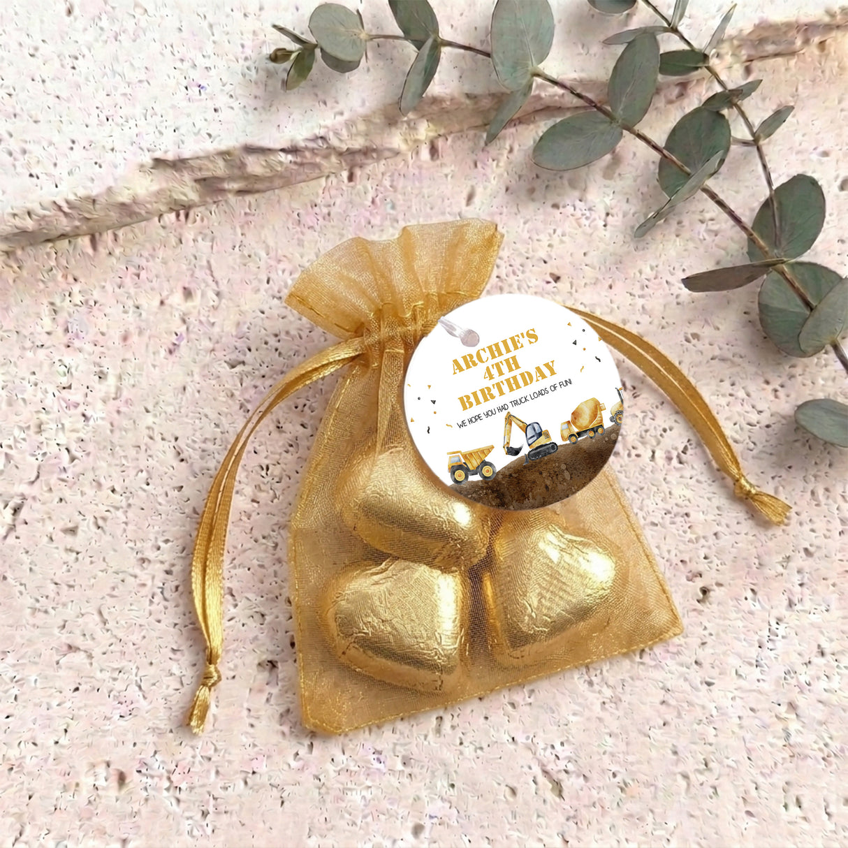 Construction Trucks Personalised Organza Bags with Chocolate Hearts