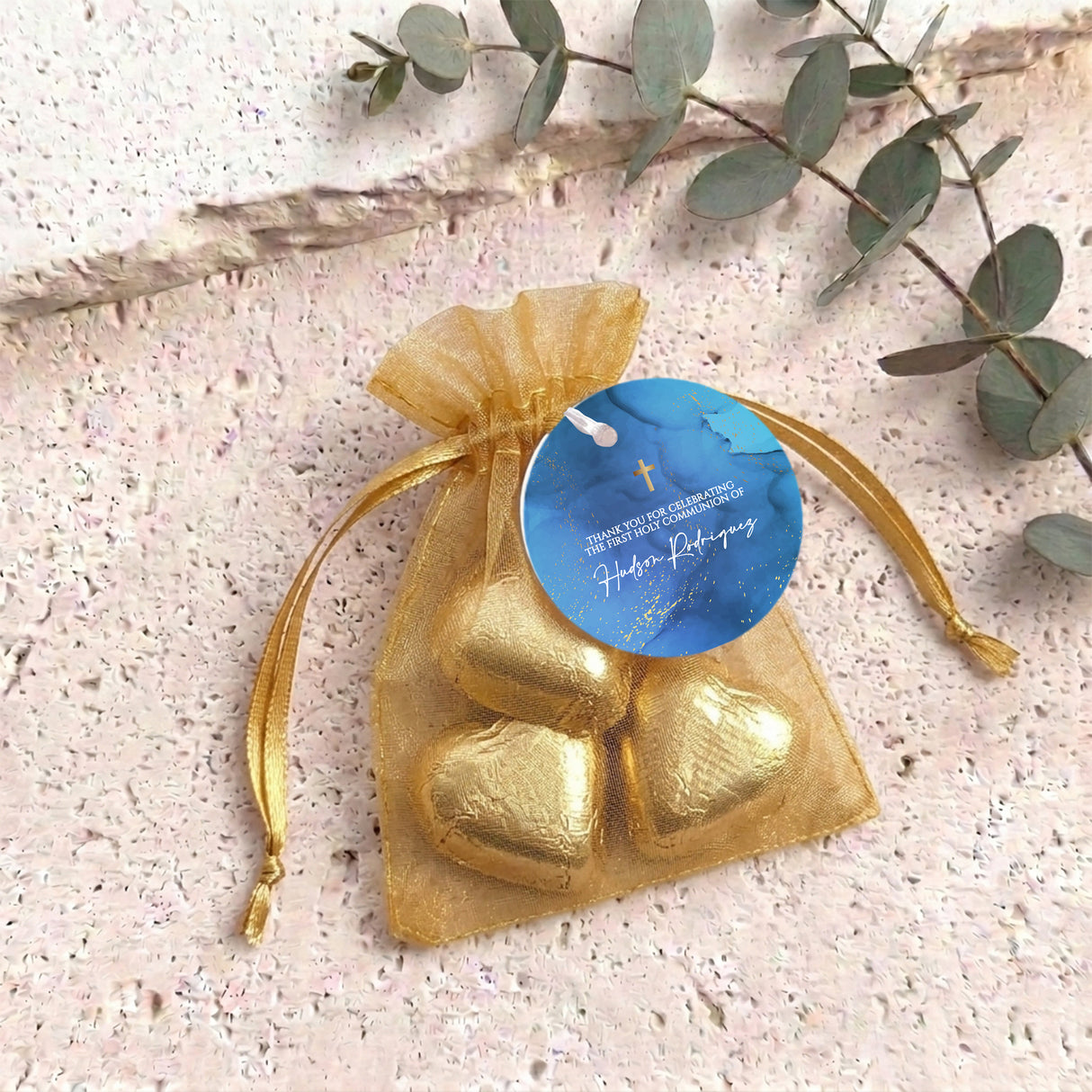 Deep Blue Gold Cross First Holy Communion Personalised Organza Bags with Chocolate Hearts