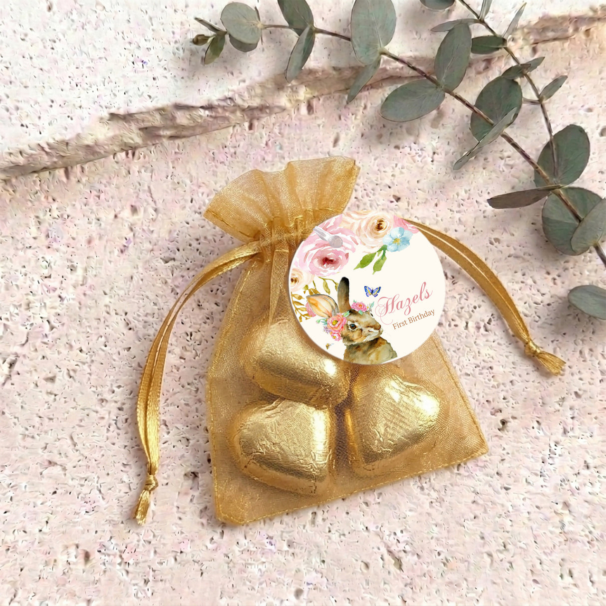 Floral Bunny First Birthday Personalised Organza Bags with Chocolate Hearts