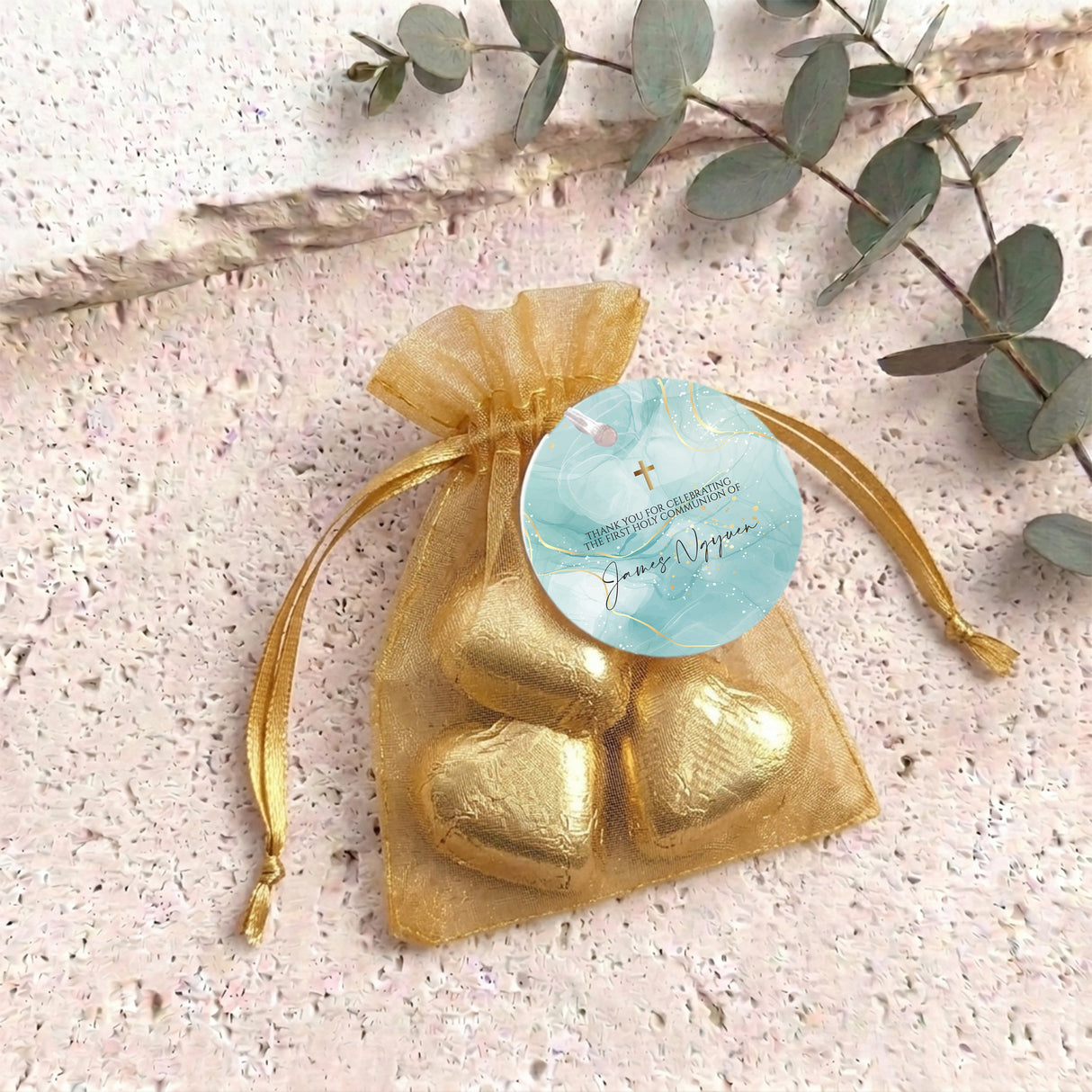 Green Gold Cross First Holy Communion Personalised Organza Bags with Chocolate Hearts
