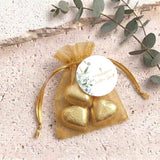 Green Leaves Gold Cross Baptism Personalised Organza Bags with Chocolate Hearts