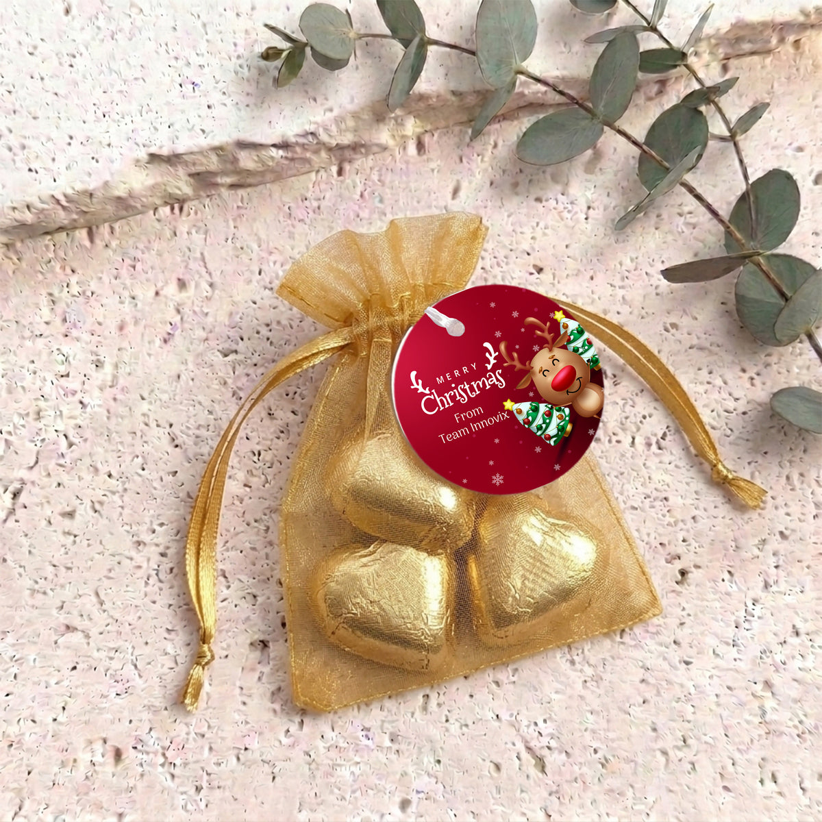 Happy Reindeer Personalised Organza Bags with Chocolate Hearts