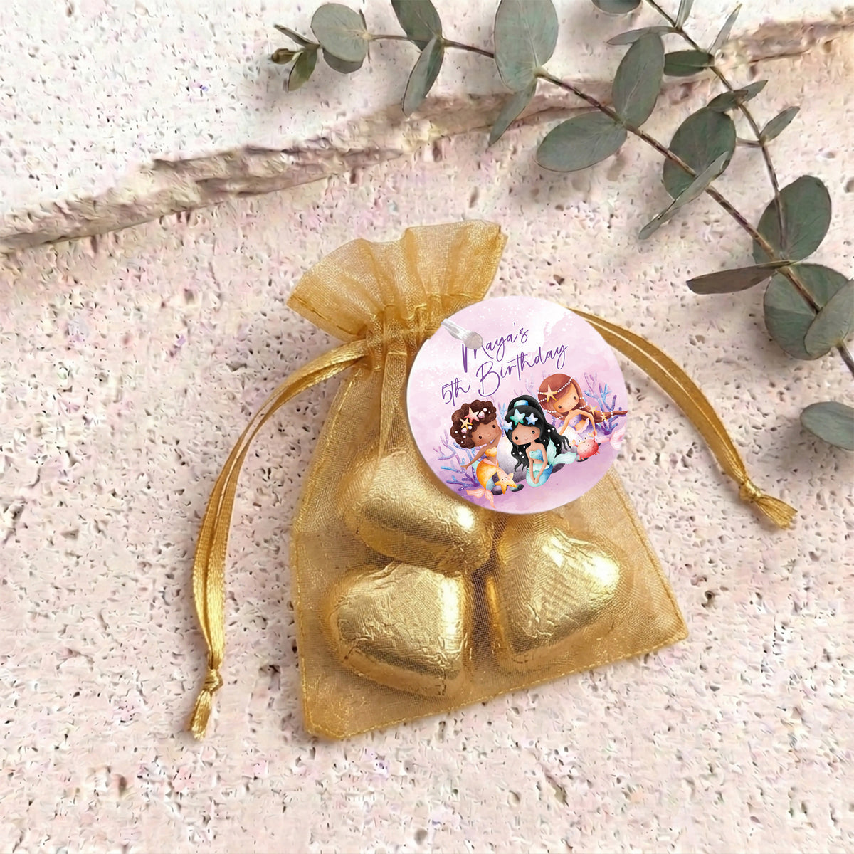 Mermaids Birthday Personalised Organza Bags with Chocolate Hearts