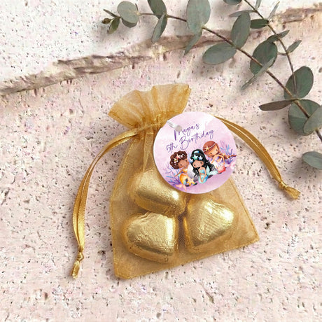Personalised organza gift bag with heart chocolates, yellow fabric and gold metallic hearts