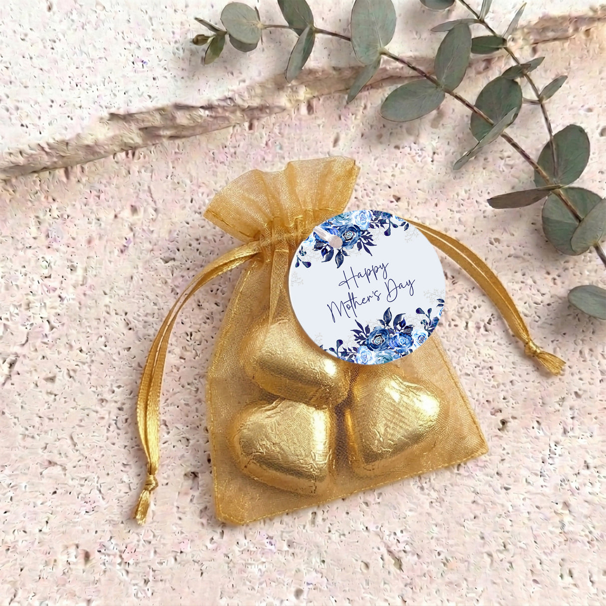 Navy Blue Waterfall Mothers Day Personalised Organza Bags with Chocolate Hearts
