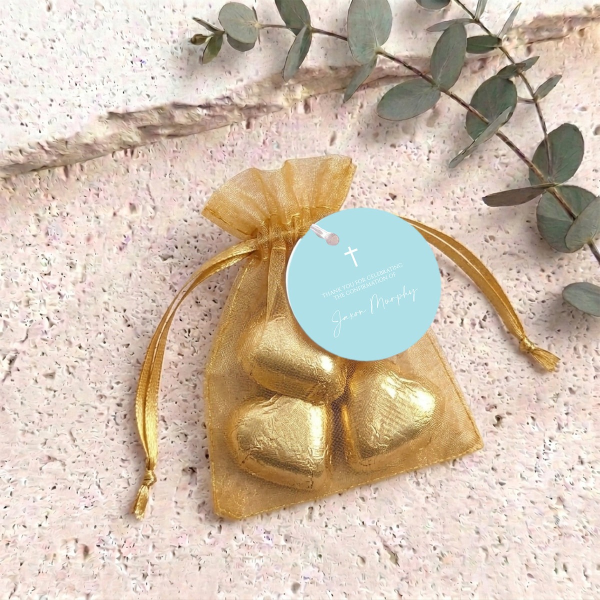 Pastel Blue White Cross Confirmation Personalised Organza Bags with Chocolate Hearts