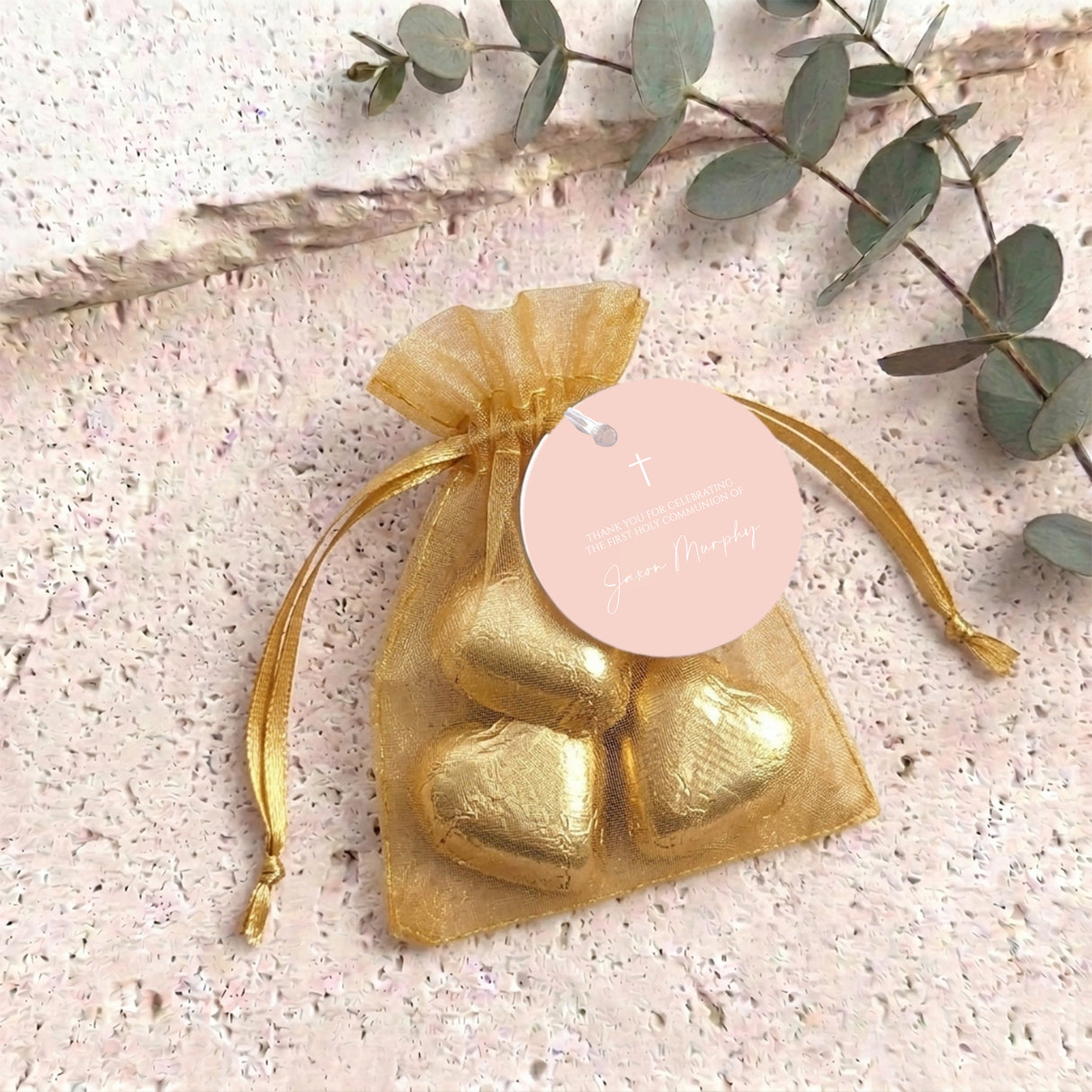 Pastel Peach White Cross First Holy Communion Personalised Organza Bags with Chocolate Hearts