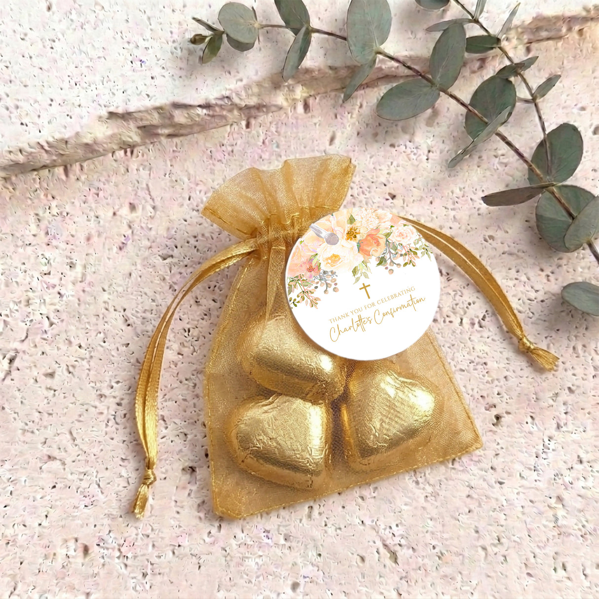 Peach Cream Roses Waterfall Confirmation Personalised Organza Bags with Chocolate Hearts