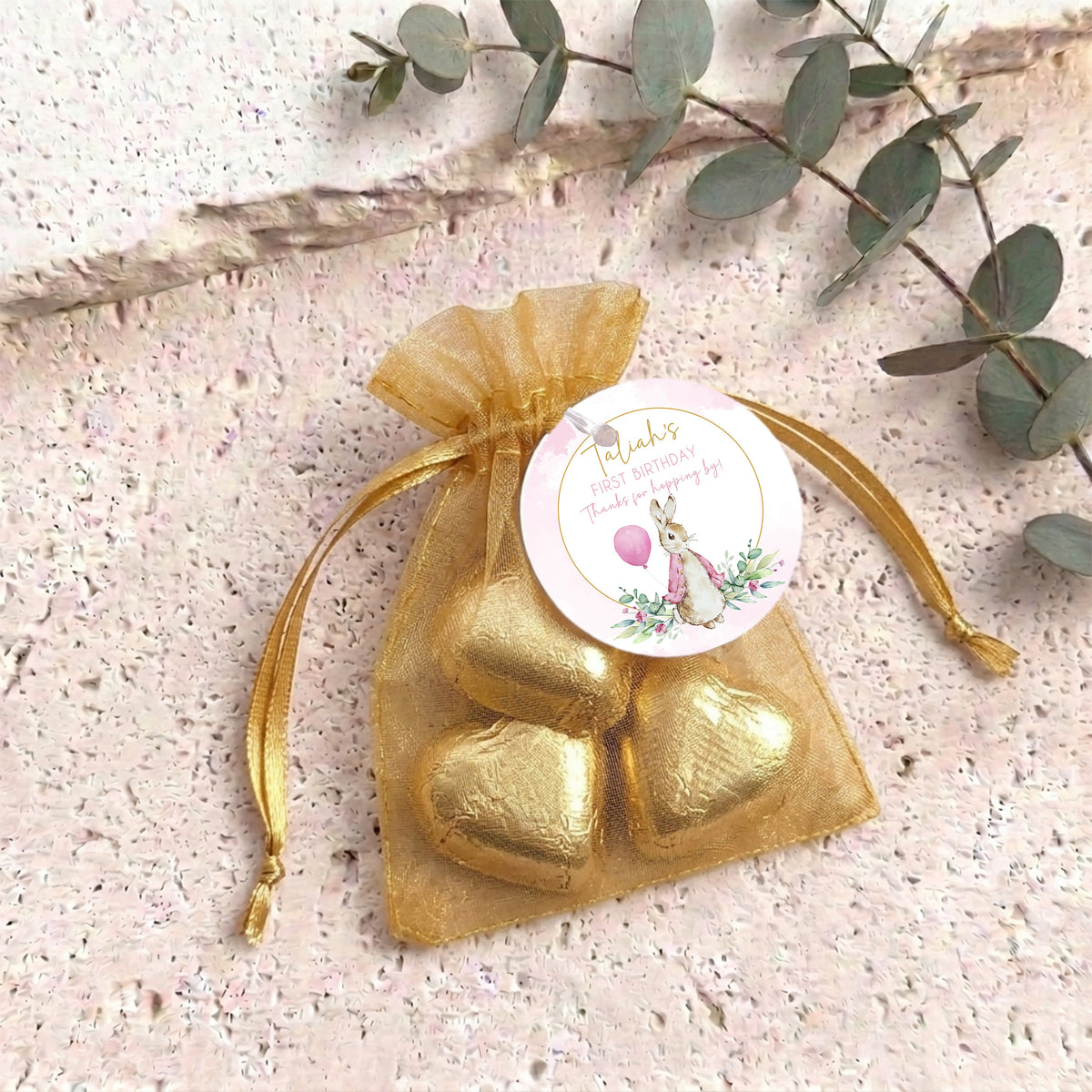 Peter Rabbit Pink First Birthday Personalised Organza Bags with Chocolate Hearts