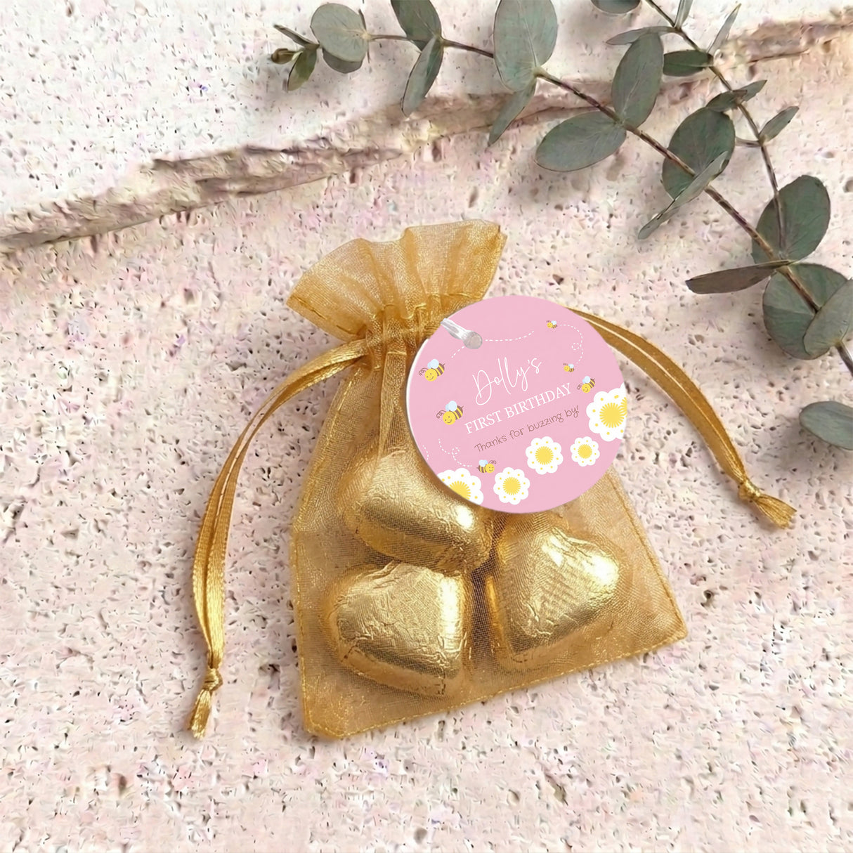 Pink Bumble Bee First Birthday Personalised Organza Bags with Chocolate Hearts