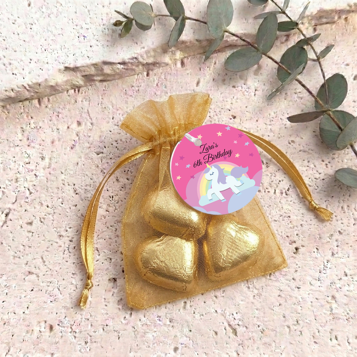 Rainbow Unicorn Girls Birthday Personalised Organza Bags with Chocolate Hearts