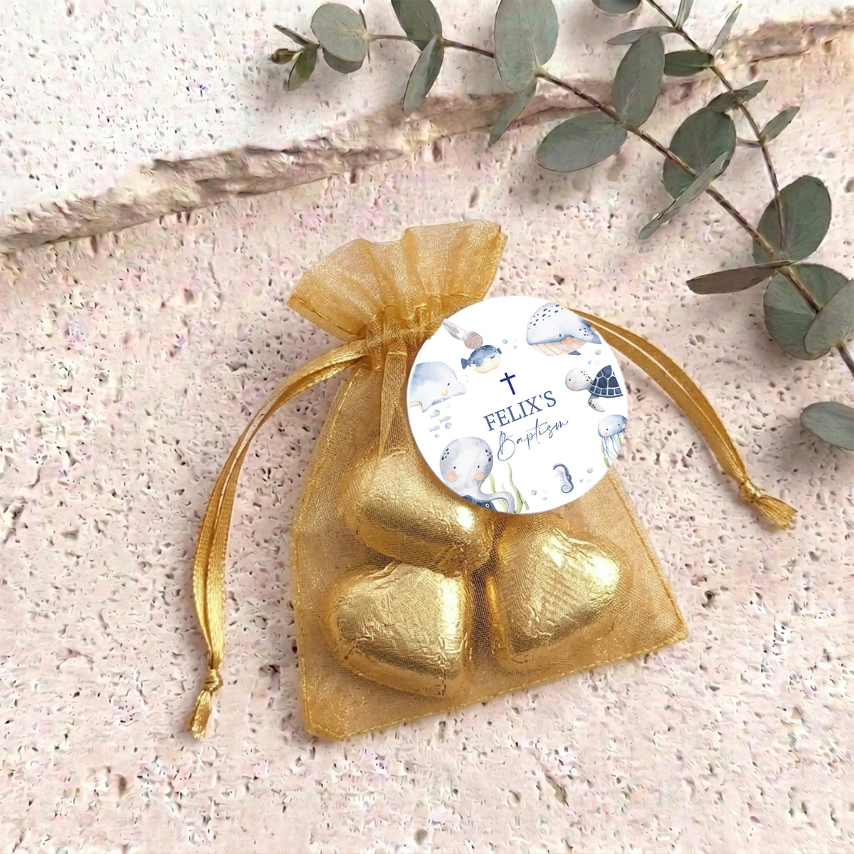 Under The Sea Baptism Personalised Organza Bags with Chocolate Hearts