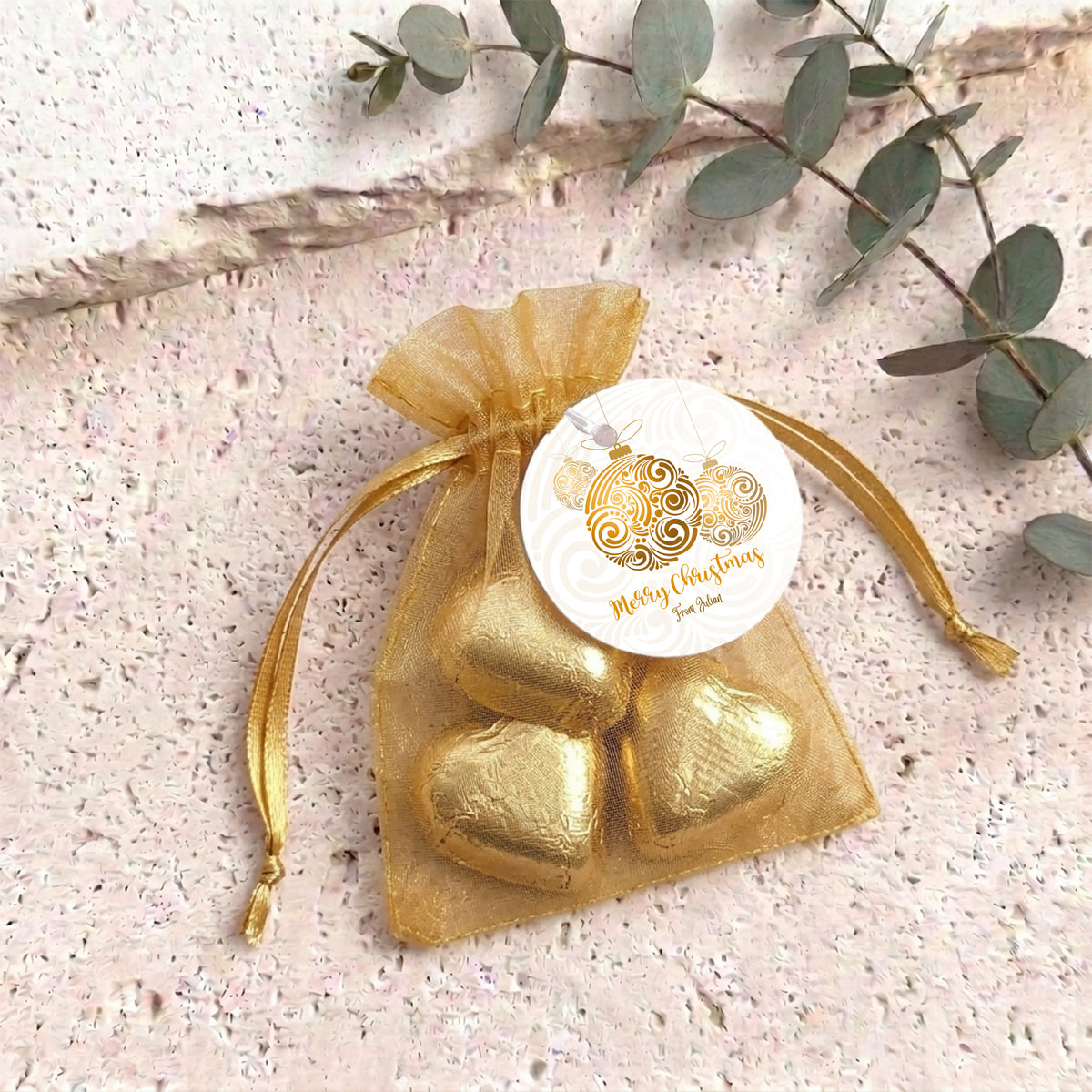 Christmas Gold Balls Personalised Organza Bags with Chocolate Hearts