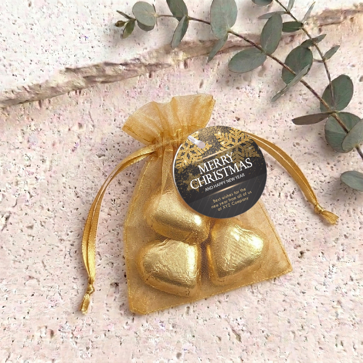 Christmas Gold Black Personalised Organza Bags with Chocolate Hearts