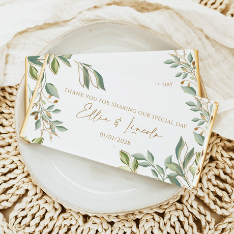 Green and gold eucalyptus wedding chocolate bar wrapper with thank-you message and date