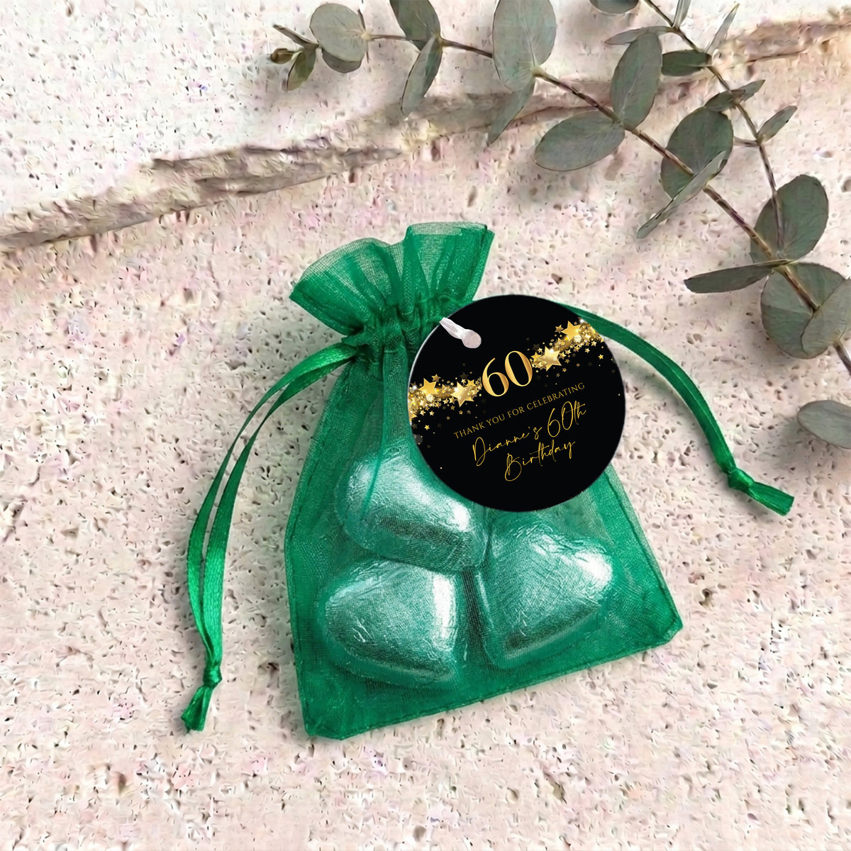 60Th Birthday Black Gold Stars Personalised Organza Bags with Chocolate Hearts