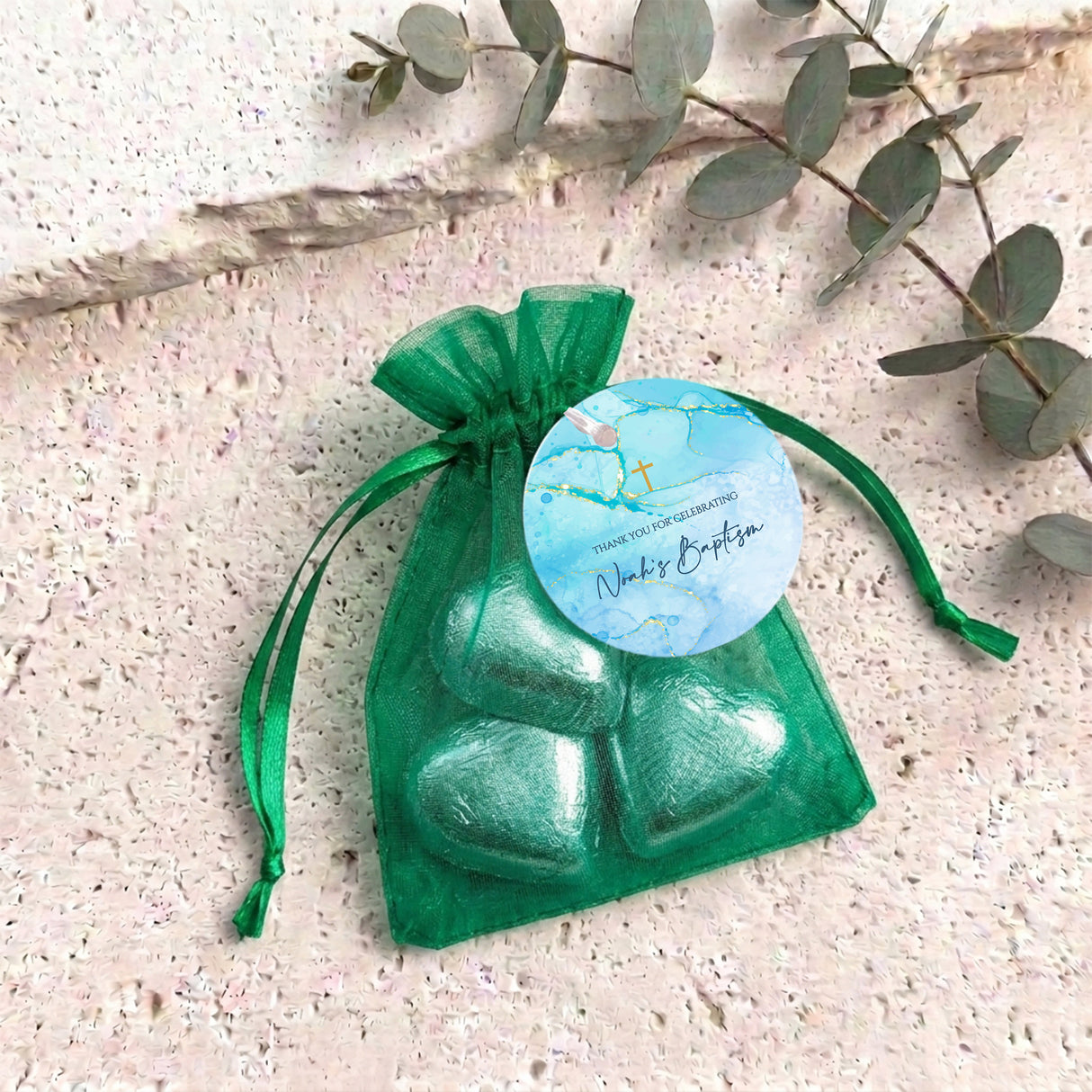 Blue Gold Cross Baptism Personalised Organza Bags with Chocolate Hearts