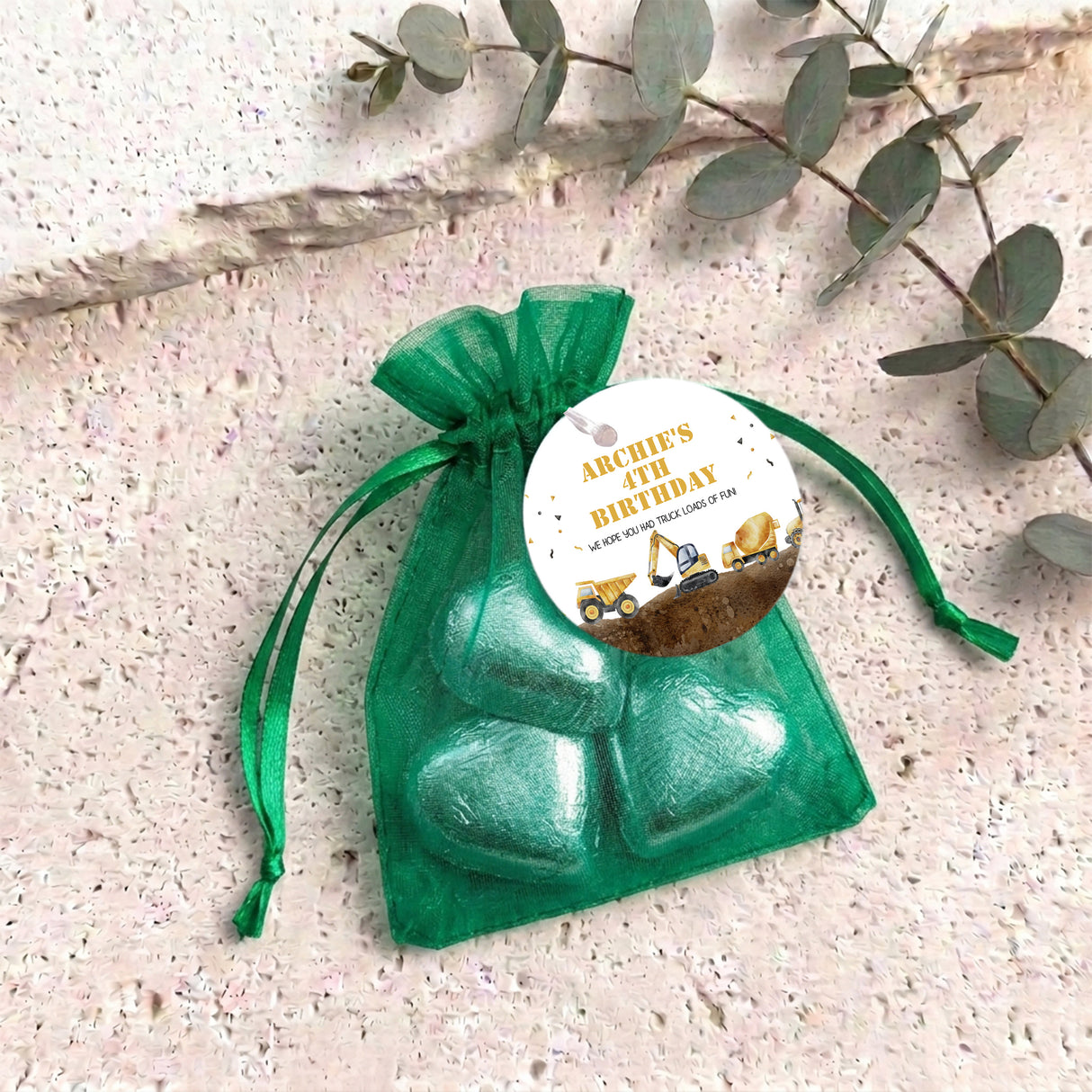 Construction Trucks Personalised Organza Bags with Chocolate Hearts