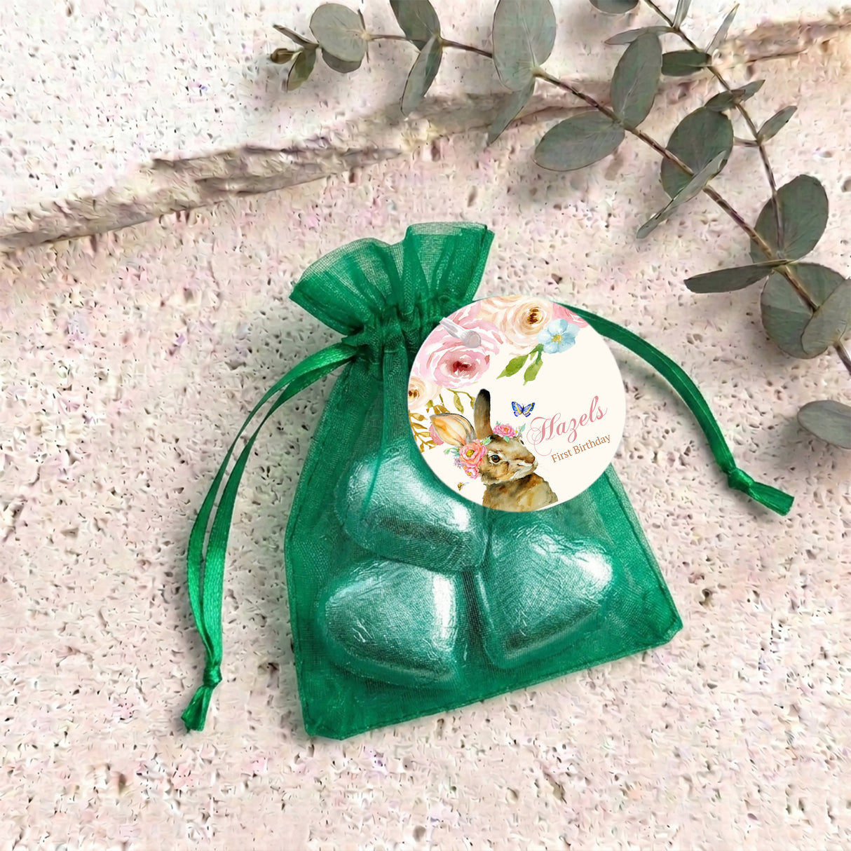 Floral Bunny First Birthday Personalised Organza Bags with Chocolate Hearts