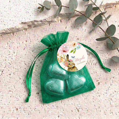 Personalised organza gift bag with green foil heart and green ribbon tie
