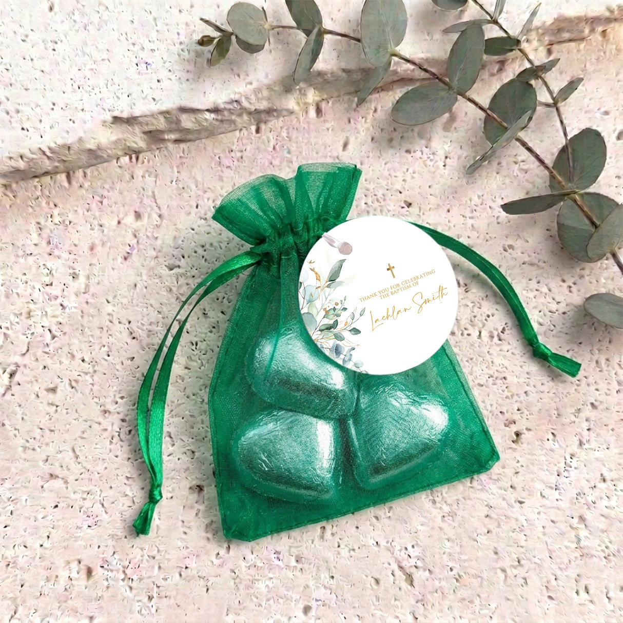 Green Leaves Gold Cross Baptism Personalised Organza Bags with Chocolate Hearts