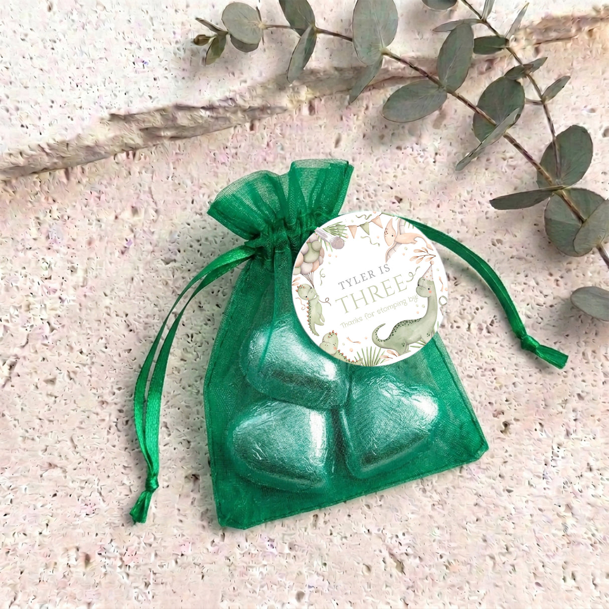 Green Pastel Dinosaur Birthday Personalised Organza Bags with Chocolate Hearts