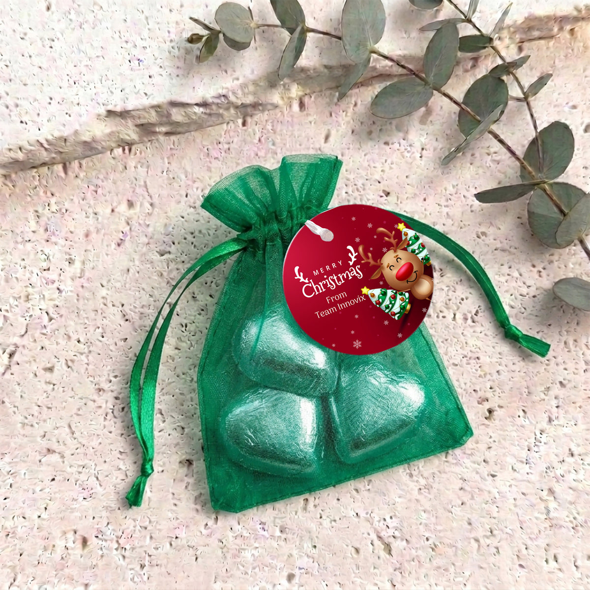 Happy Reindeer Personalised Organza Bags with Chocolate Hearts