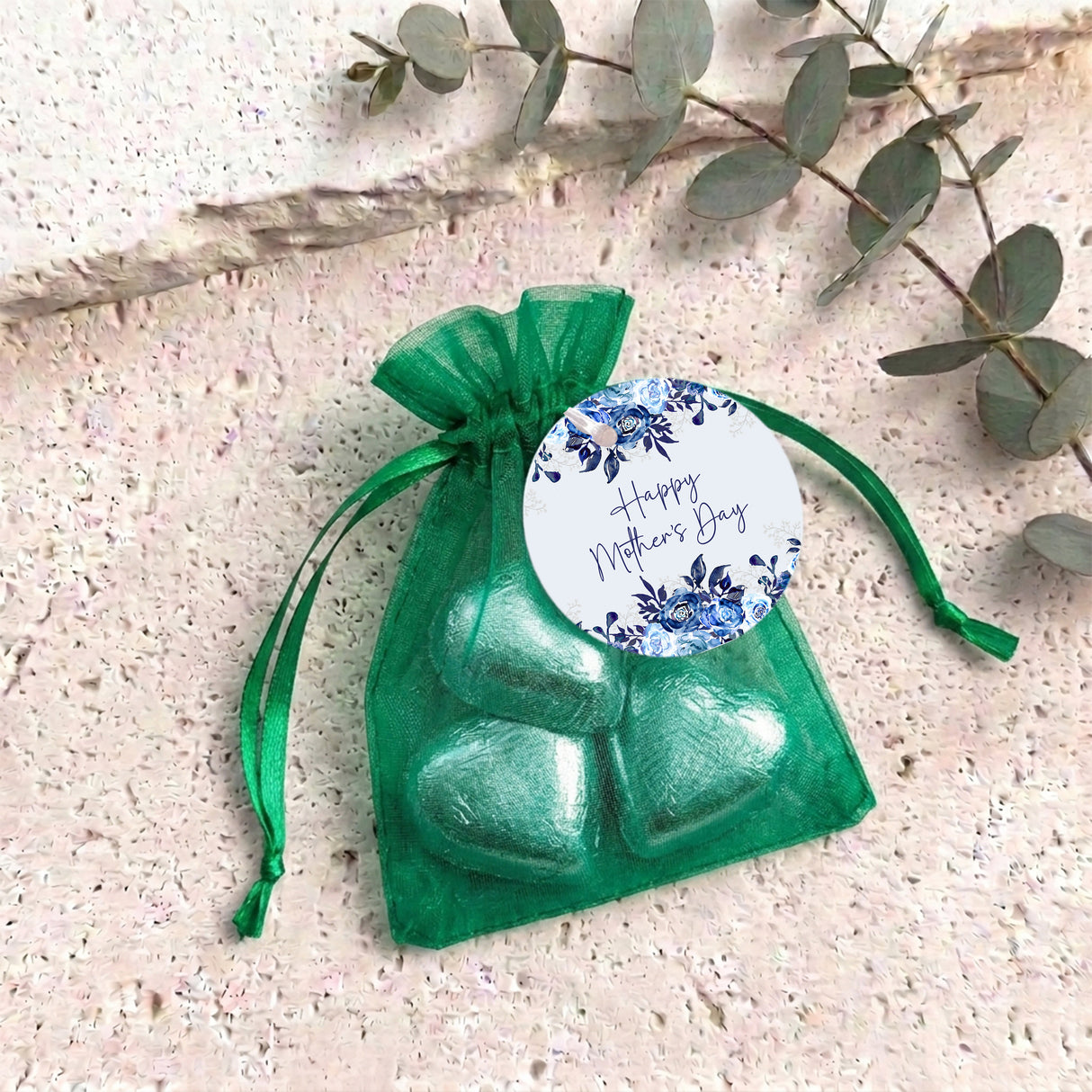 Navy Blue Waterfall Mothers Day Personalised Organza Bags with Chocolate Hearts