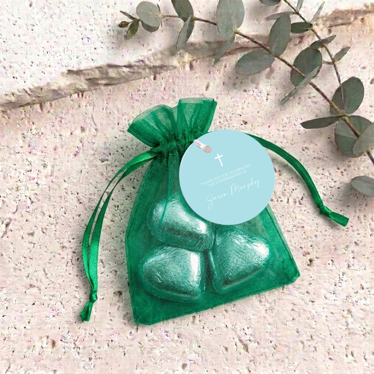 Pastel Blue White Cross Confirmation Personalised Organza Bags with Chocolate Hearts